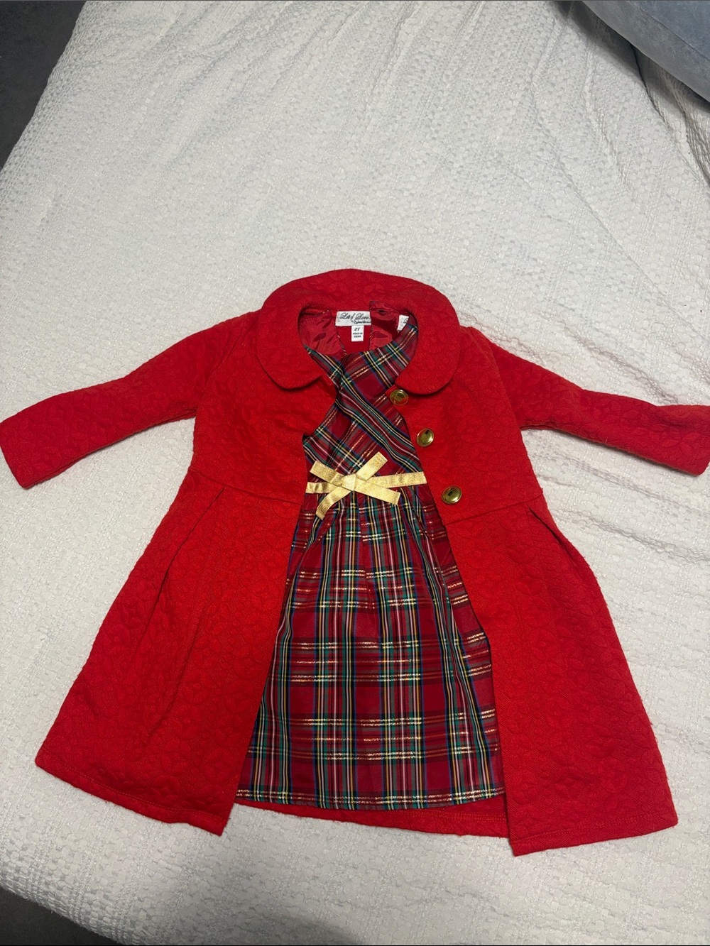Red Girls' Holiday Coat with Plaid Dress